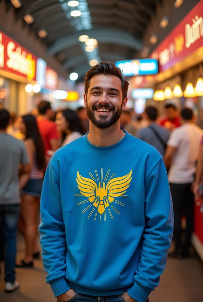 The image shows a young man with a beard and mustache, wearing a blue sweatshirt with a yellow graphic, standing in what appears to be a food court or similar establishment, surrounded by other people and food service counters.