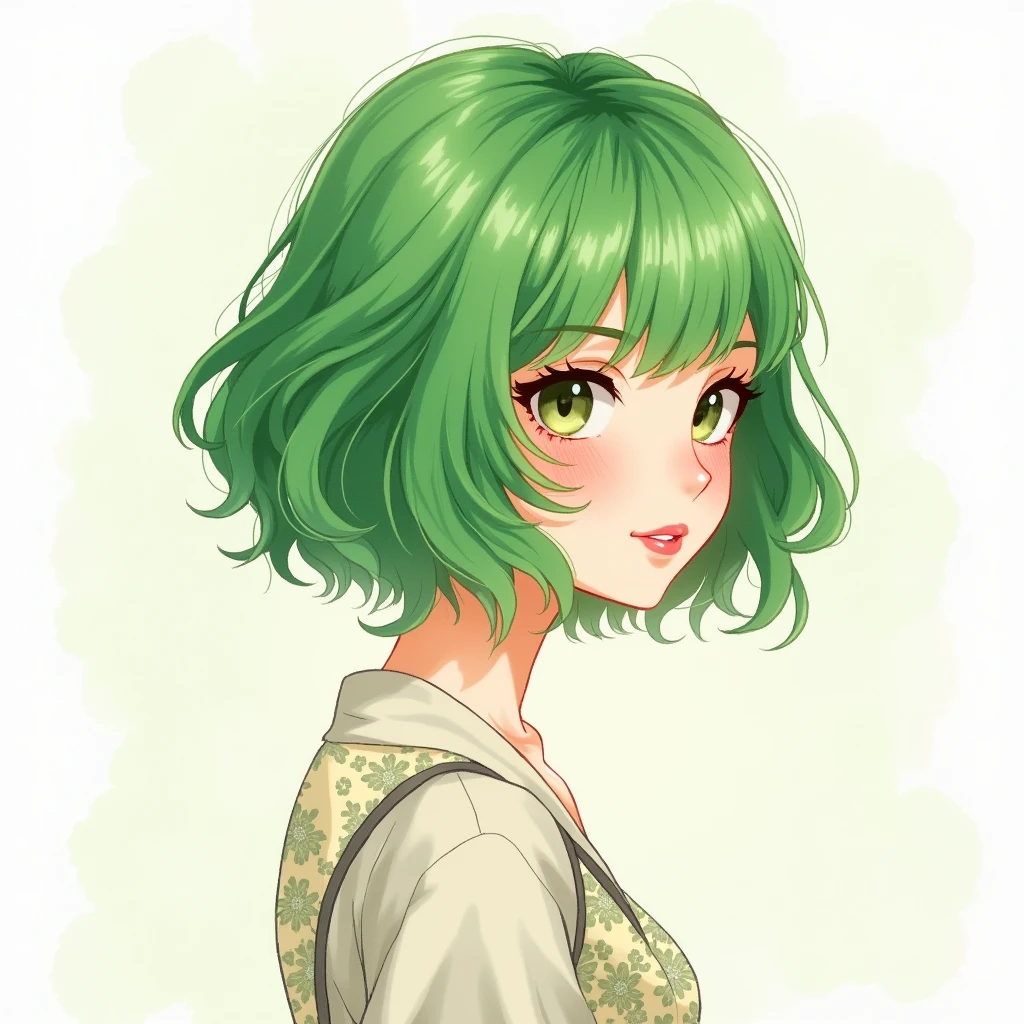 Lily　Hair green gradient　Shortcuts　Watercolor style　woman　An illustration　Street