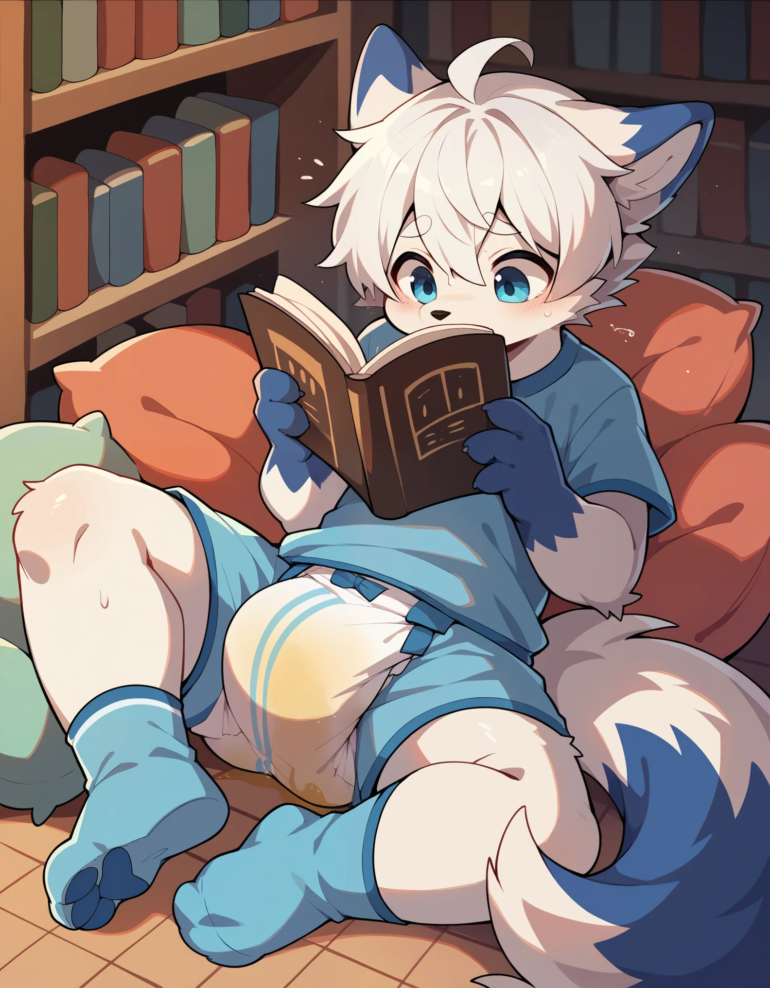 furry，A cute white fox boy，White hair，Wearing blue diapers，Wet diapers，Urine soaked thighs，Short white socks，Cute one-piece pajamas，warm light，wide，In the library，Reading，protrait photo，HD