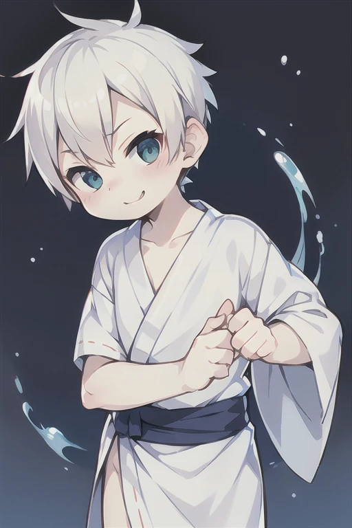 Highest quality, (high quality),eye highlights,arms are thin, thin body,face,from front,look at viewer,droopy eyes,very happy smile,Pouting mouth,open your mouth and laugh,(((chilled boy))), (1 boy),(white hair),((short hair)), yukata,