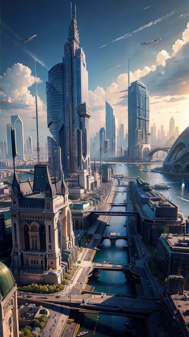 Future Budapest city seen from an airplane:1.5,thunder:1.4,port,flying spaceship,skyscraper,master piece,highest quality,ultra high resolution,(Super detailed:1.2),8K,photorealistic,best aesthetic,beautiful