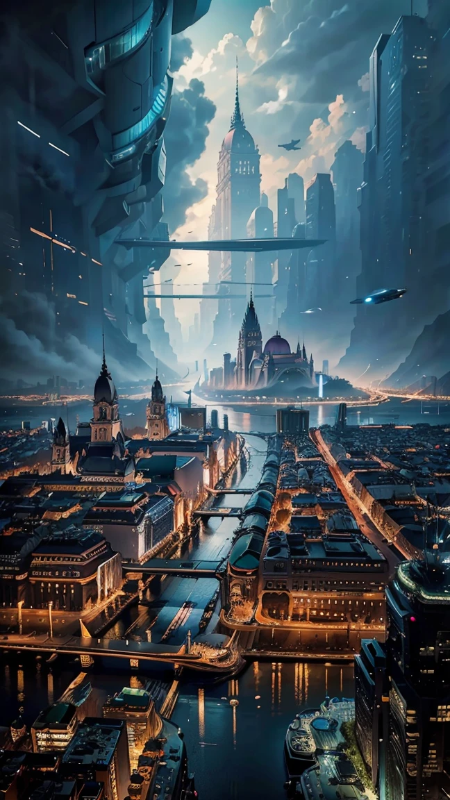 Future Budapest city seen from an airplane:1.5,thunder:1.4,port,flying spaceship,skyscraper,master piece,highest quality,ultra high resolution,(Super detailed:1.2),8K,photorealistic,best aesthetic,beautiful