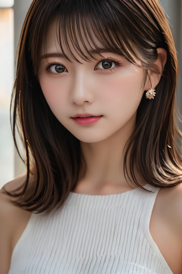 Highest quality, (beautiful)、beautiful女性、Precision Eyes、Brown Hair、Brown eyes、Looking into the camera、Soft Breasts、Medium Hair、Inward curl hair、Straight Hair、indoor、Mini Dress