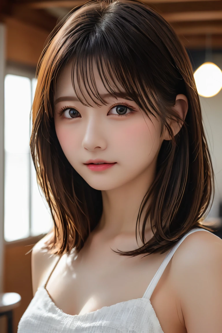 Highest quality, (beautiful)、beautiful女性、Precision Eyes、Brown Hair、Brown eyes、Looking into the camera、Soft Breasts、Medium Hair、Inward curl hair、Straight Hair、indoor、Mini Dress