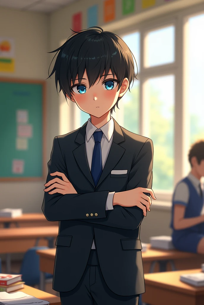 boy, black hair with bangs, blue eyes, weraing a school uniform, standing, hot, in the class, folding arms, background class,flying hairs, tall, student, male, no expression, 