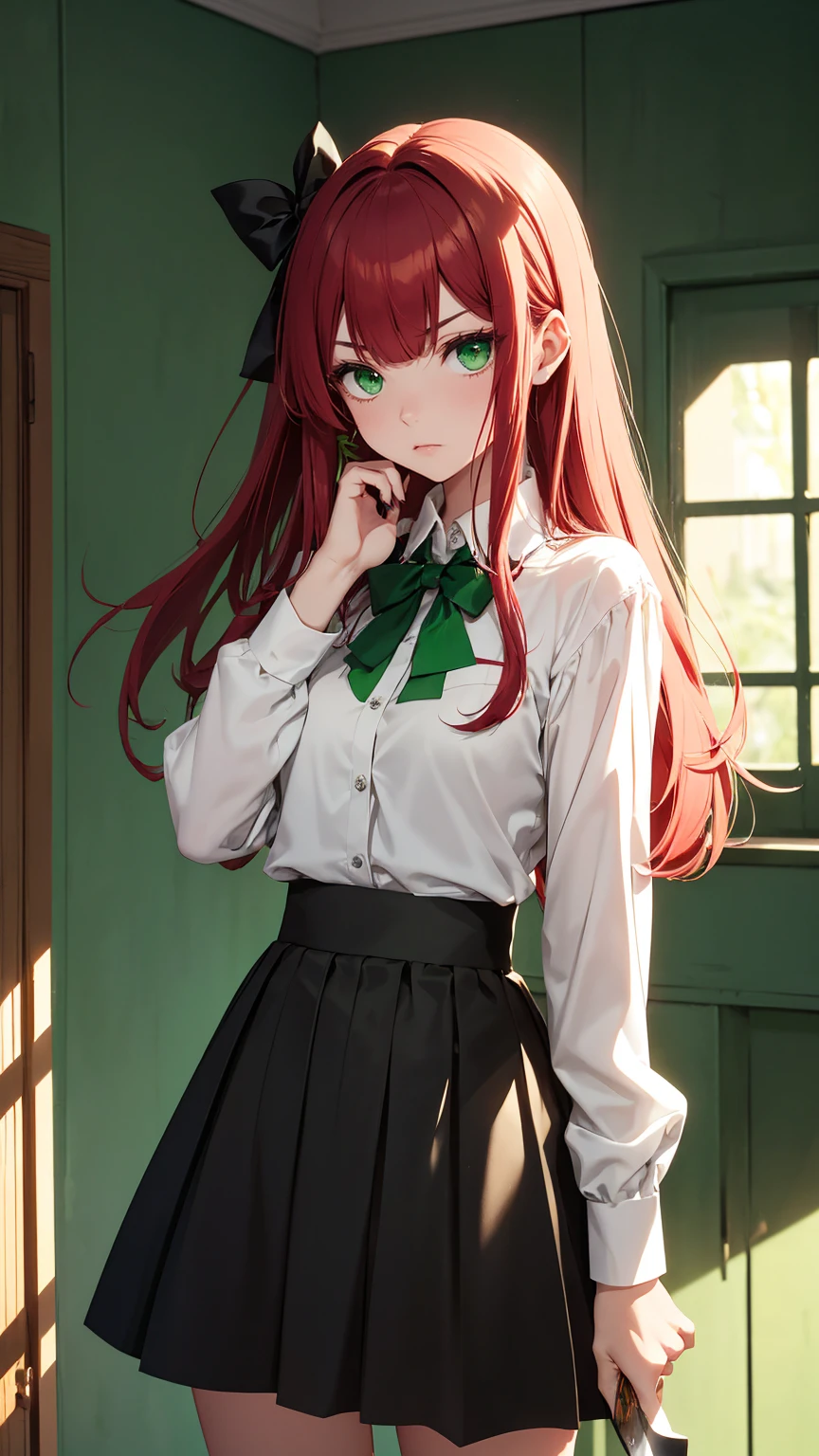 A Yandere slender white girl with long red hair and bangs, green eyes, is standing leaning against a wall with one hand in her pocket and the other hand ((holding a knife close to her face)) With a menacing gaze, she wears a ((macacão verde por cima dis camisa preta)) is ((black skirt with green borders)) She's in a living room, in her hair a green bow adorns her head, charming elegant, threatening mysterious.