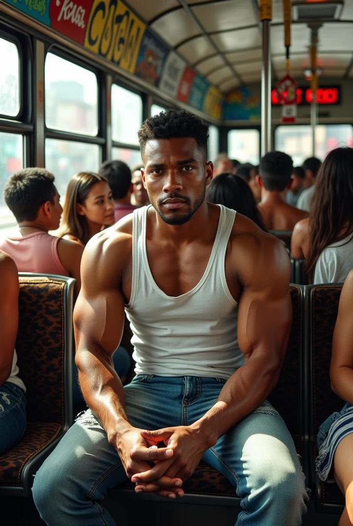 Strong, hairy, bearded young Puerto Rican man sitting on the bench of a city bus being discreetly observed by a woman standing nearby.