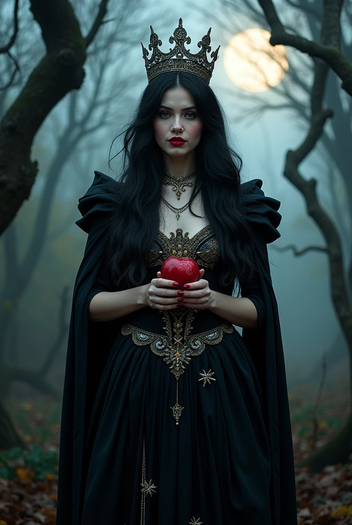 Girl,Black long hair,Black Queen,accessories,Apple in hand,Poison apples,Witch Queen,Red lipstick naked