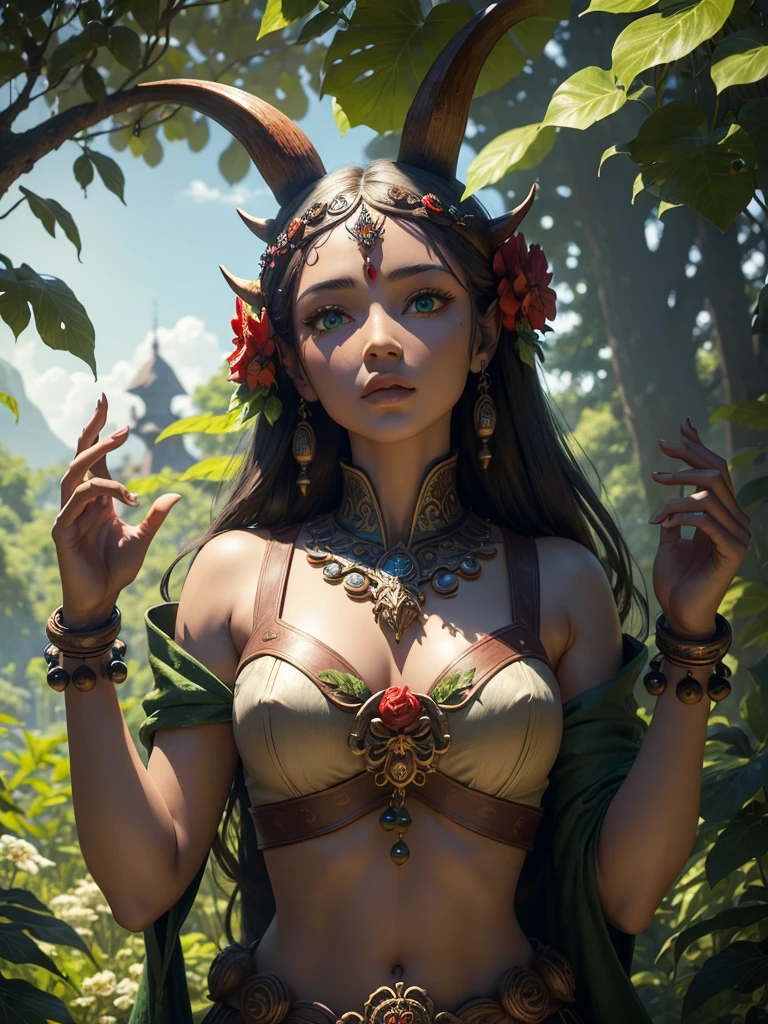 ((best quality)) , ((masterpiece)) , (detailed),A wooden sculpture with a face, horns and eyes, green leaves, red flowers, white beads, metal rings, blue sky background, lush vegetation, mysterious atmosphere.
