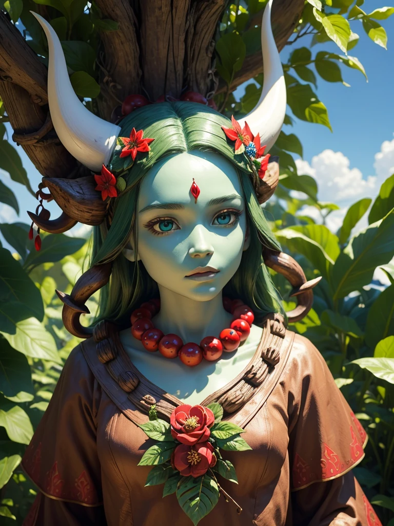 ((best quality)) , ((masterpiece)) , (detailed),A wooden sculpture with a face, horns and eyes, green leaves, red flowers, white beads, metal rings, blue sky background, lush vegetation, mysterious atmosphere.