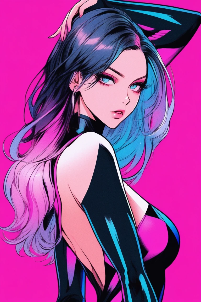 Illustrator, anime , Realistic ,sketch , 1 person, model, lip,(High detail high cut plunging lacey bodysuit:1.3), order, Blue gradient background, Neon colored hair, Big Breasts, whole body, ((look back)), Sexy look, Sexy pose, Texture Trim, Russia, (masterpiece,Highest quality)