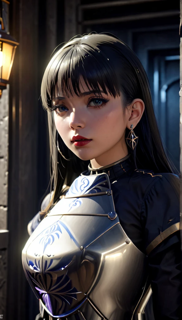 A girl with long black hair and bangs, wearing jewelry and earrings, with sharp ears, backlit, highly accurate, best quality, realistic anatomy, masterpiece, HD model, extremely detailed, high quality, very detailed, eye texture, textured skin, ultra-high definition, large bust, stern expression, scarlet lips, wide-angle lens, Sony FE, backlit, gothic, photorealistic, realism, Unreal Engine, armor, goth girl, dark room, full body