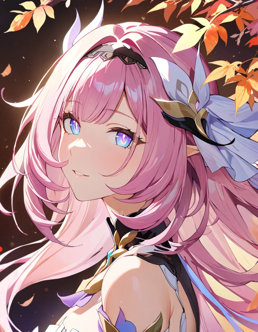 1girl,elysia_\(honkai_impact\),(8K, Highest quality, masterpiece:1.2),(Highest quality:1.0), (Ultra-high resolution:1.0), watercolor, Beautiful woman, shoulder, Hair Ribbon, Agnes Cecil, Half Body Portrait, Very bright and luminous design, pastel colour, (ink:1.3), Autumn Light,large breasts 