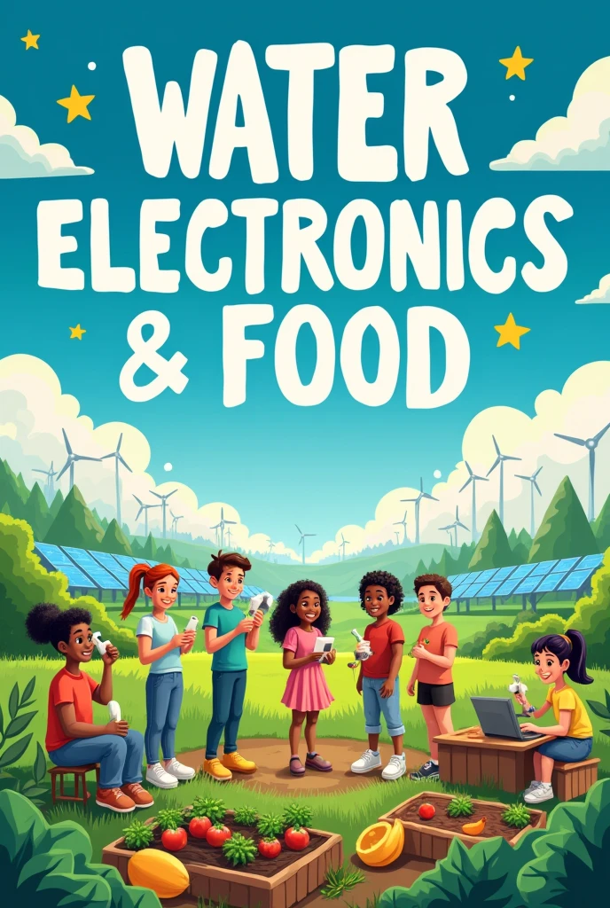 Conserving water, electronics and food poster
