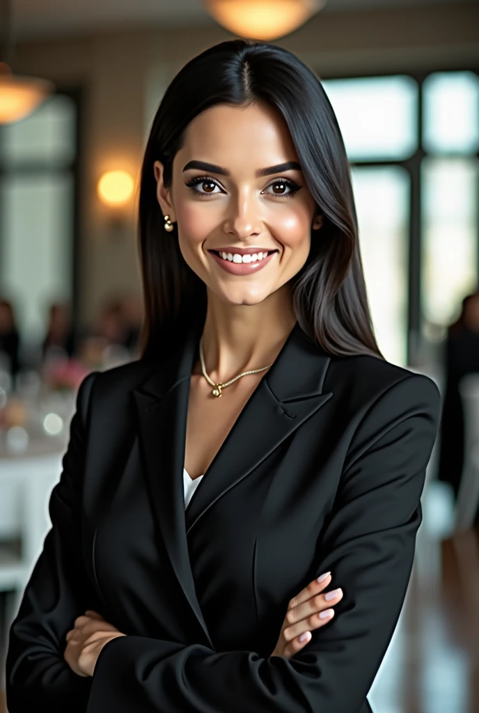 The SAME face of the sophisticated , Latin woman, of 1,80 meters high, slim brunette,  straight black hair without waves, large eyes, elongated profile , filena nose, medium thick lips, with a beautiful smile, professional, executive that this one is dressed in white,  Speaking through a microphone in an auditorium. 