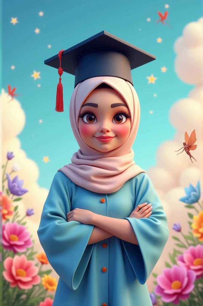 Realistik Karikature 3d , A women wearing hijab, in black graduation hat, pastel blue graduation gown, fairy theme background 