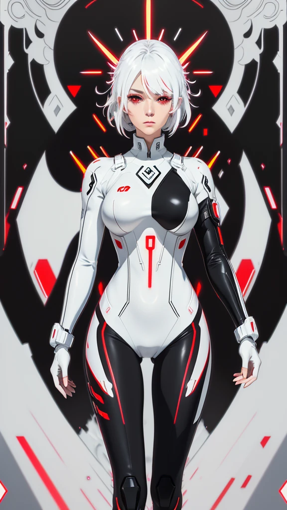 1girl, white hair, wild hair, red eyes, (white eyelashes:1.2), emotionless, red glow halo, (chromatic aberration:1.2), solo, digital dissolve, black bodysuit, 20 years old, mature, arrogant expression, black background
