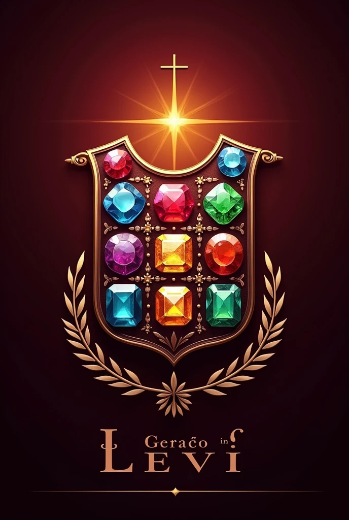 "Create a logo based on the Biblical breastplate with 12 colorful gemstones, representing the Tribes of Levi. The design should feature the gemstones arranged in a grid or decorative pattern, with Marsala as the prominent color for the background and accents. Incorporate Christian symbolism in the design, reflecting reverence and elegance. Add the phrase 'Geração Levi' prominently within or below the peitoral. Ensure the design captures the essence of the Biblical breastplate while maintaining a classic and refined look."