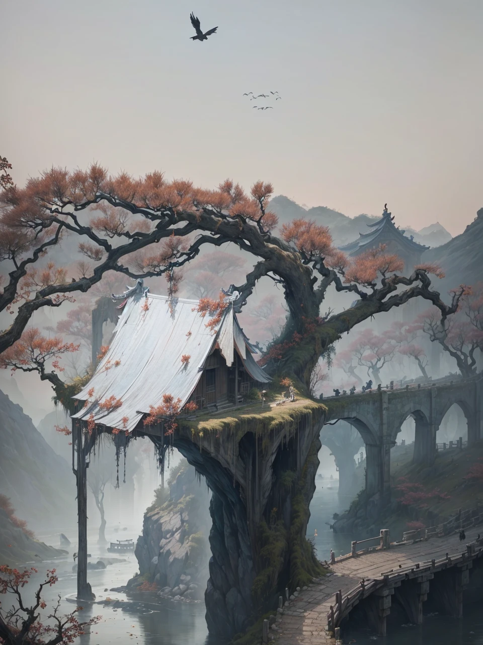 masterpiece, high quality, high resolution, 8k, chinese painting, withered vines, aged trees, dusk, crows cawing free, small bridge, flowing water, humble dwelling, horse, westward blows chilly wind on ancient path, sun setting, lonely, wrath,