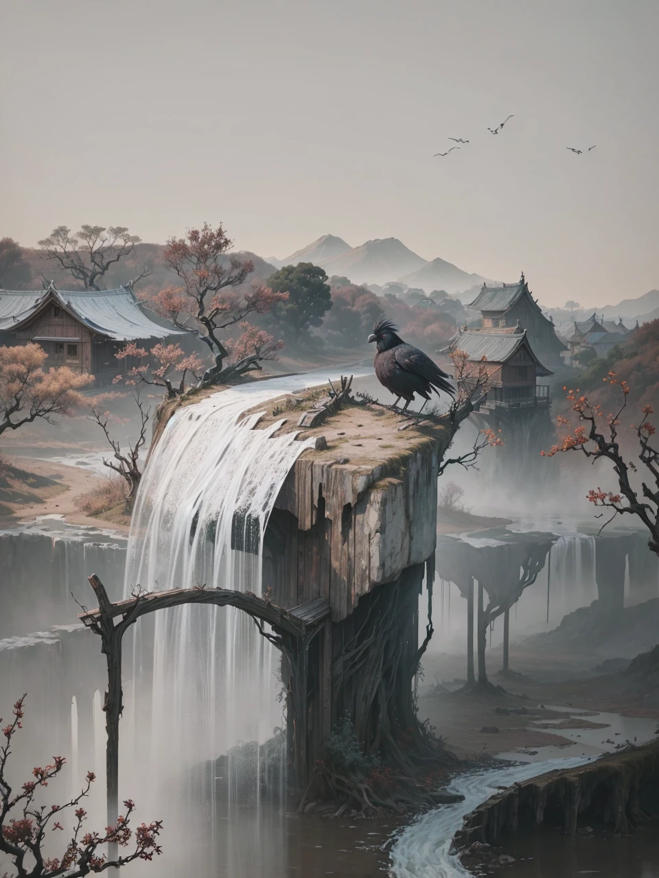 masterpiece, high quality, high resolution, 8k, chinese painting, withered vines, aged trees, dusk, crows cawing free, small bridge, flowing water, humble dwelling, horse, westward blows chilly wind on ancient path, sun setting, lonely, wrath,