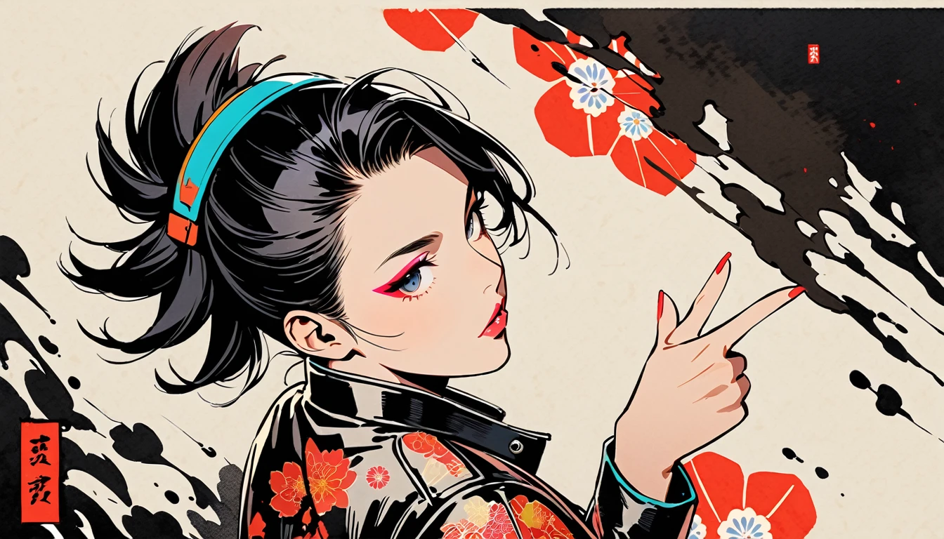 (((Ink Painting))), (((from above))), (((1 female))), (((Leather jacket with Japanese patterns))), (((Mohawk))), (((Very flashy makeup))), (((Finger guns))), Japanese style headphones, face close-up, front view, Japan人の美少女, Black Hair, Delicate and precise, Modern ukiyo-e style,Japan, Droopy eyes, round face, Glare, Fuller lips, vivid color