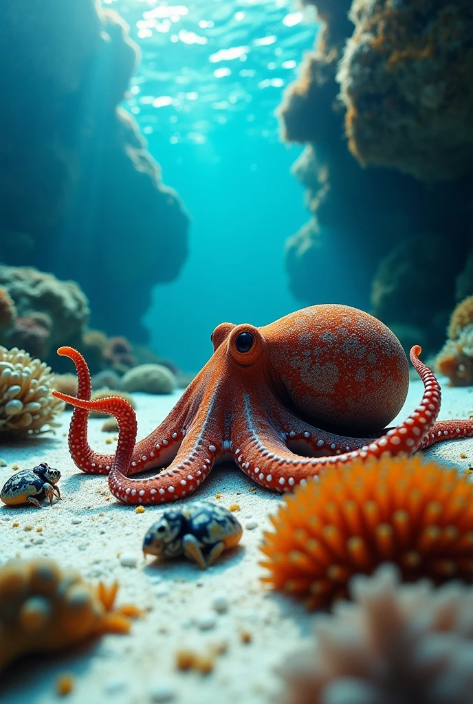 Focus on an octopus slowly extending its tentacles and other peculiar sea creatures hiding in shells or small caves.