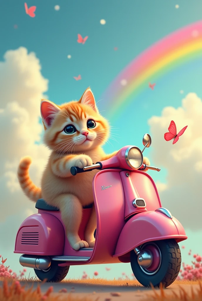 Cat on a pink motorcycle with a rainbow coming out of the exhaust