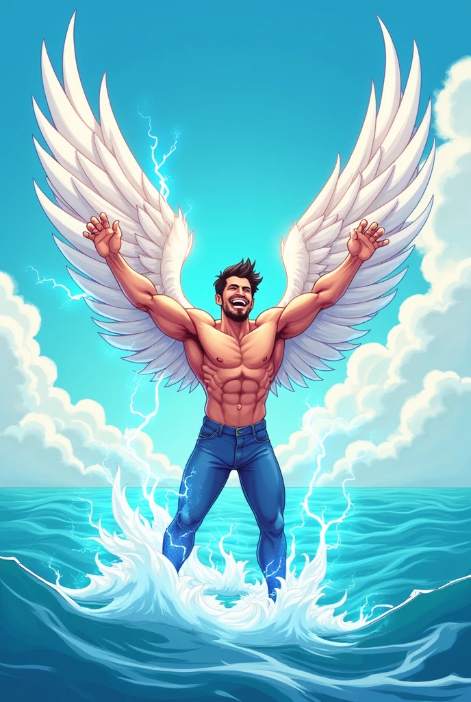 Cartoon of cute energetic muscular man with long white wings, surrounded buy blue and white electricity , background is blue with clouds at top and ocean at the bottom