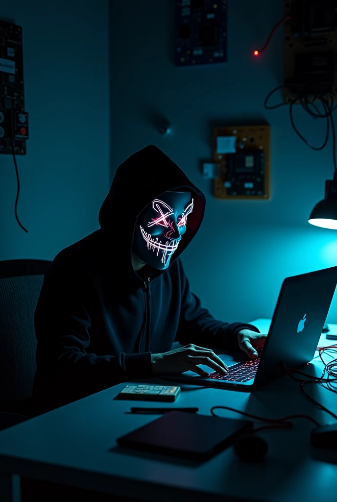  Create a detailed image of a person wearing a hacker mask, sitting at a desk with a laptop. The laptop screen displays lines of code running, reflecting the intensity of their work. The room is dimly lit, enhancing the mysterious and secretive atmosphere. Shadows and minimal light sources, such as a single desk lamp or the glow from the laptop screen, add to the overall suspenseful vibe. The room should be enclosed and give off a sense of secrecy, with dark, muted colors and perhaps some tech-related paraphernalia in the background to emphasize the hacking theme.