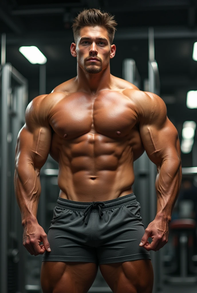 (masterpiece), best quality, expressive eyes, perfect faces, upper body shot, no chest hair, (massive bodybuilder on steroids:1.7),  (strong and defined muscles:1.2), (Zac Efron:0.9), (gigantic pectorals and shoulders:1.4), in the gym, (slim body:1.6), no shirt, too small shorts, short hair, uhd, handsome young stud, (massive bulge:1.4), most muscular posing
