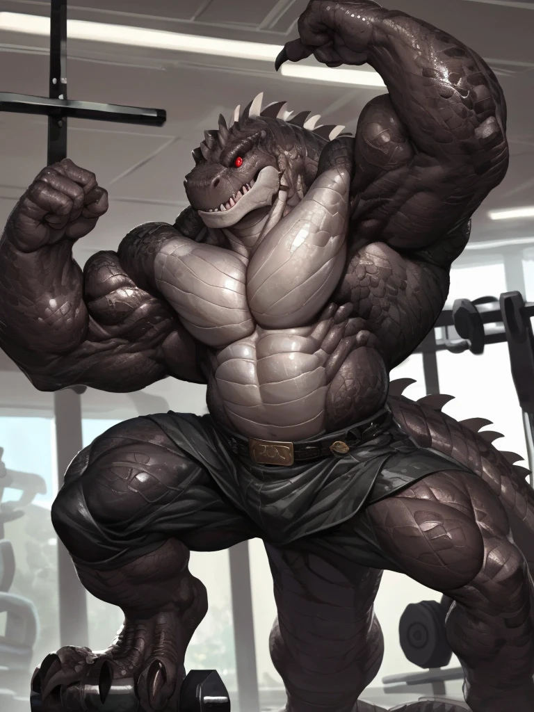 solo, anthro, furry male, T-Rex, ((Short spiny scales, scales, detailed muscles)), (T-Rex print), black scales, white belly, short spiny scales, Front Double Biceps Pose, bodyguard outfit, black claws, red eyes, slit eyes, slim fit, muscular slim, gym , menacing, detailed red slit eyes, pecs, tail, hind leg, looking forward, (Masterpiece, by null-ghost, hi-res, 8k), black military outfit, tight black shirt, black camo pants, forward pov,