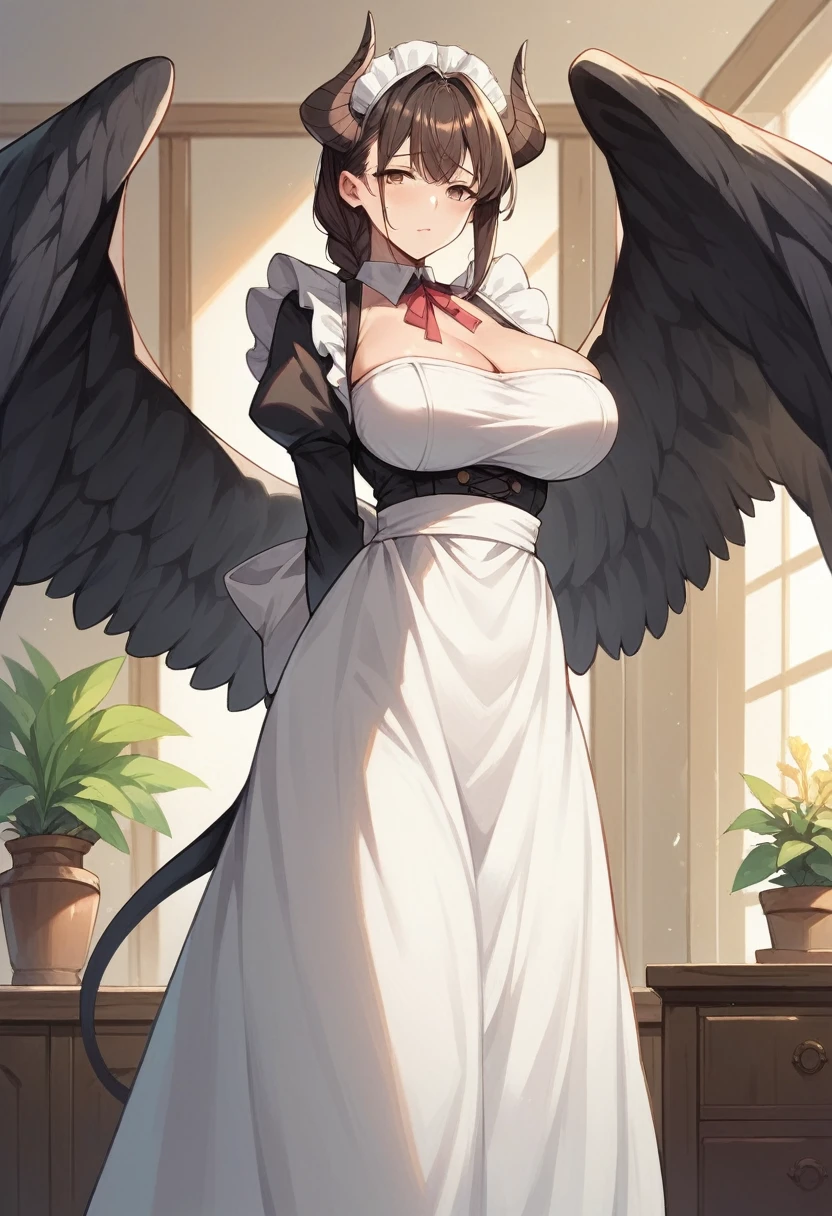 1girl, mature female,  Komiya Yuriya, single braid, long hair, big breasts, thick thighs, standing,black wings,horns ,wears maid dress, arms behind back, bedroom, ((ultra-detailed)), (masterpiece), (highest quality)