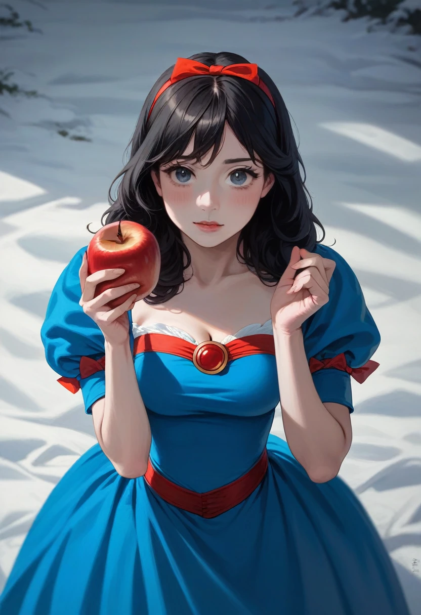 foto cinematográfica snow white, Disney princess, Front photo, ultra realisitic, cosplay snow white, 4K image, Holding an apple, snow white, black hair, snow white