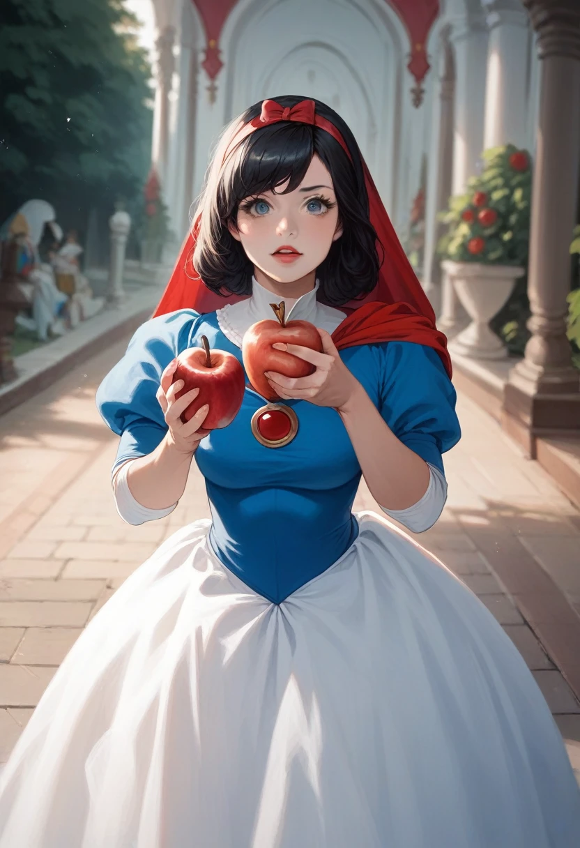foto cinematográfica snow white, Disney princess, Front photo, ultra realisitic, cosplay snow white, 4K image, Holding an apple, snow white, black hair, snow white