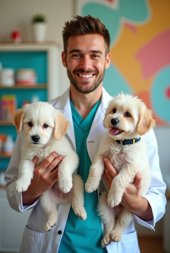 To draw a colored picture of a male veterinarian, with brown eyes and very short hair, holding two puppies, uma poodle branca e uma Yorkshire, with pricked ears and short hair. Both have their tails cut off. The Yorkshire is a little smaller than the poodle.