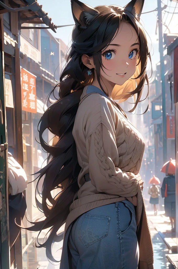 masterpiece, best quality, ultra detailed, insanely detailed, hyper detailed, woman, smiling, walking, looking at viewer, brown eyes, jitome, detailed face, light brown skin, tall, slender, sweater, shorts, ager, japanese, outside, on the street, with shooting stars, in the evening, with rain, cel anime, sharpen, blue, ahoge, semi long, blue eyes, green background, medium shot, intense wide shot, glad, with fox ears, mole, blond