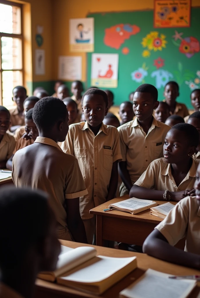 A picture of students in Kenya discriminating on a sudanese student with body markings and pierced earlobes in a large classroom 