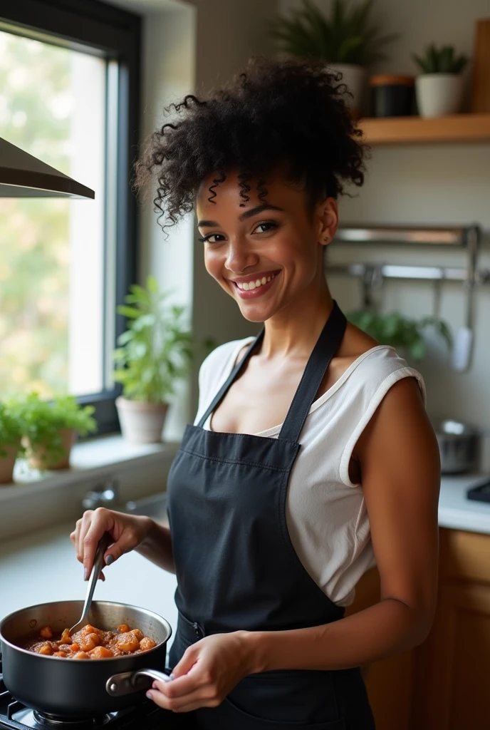 a woman cooking some meal, in the kitchen, wearing naked-apron,(naked-apron,black-white apron,modern apron),(bun hair,curly,black hair),medium shot,smile,happy face,big-breasts, (covered-),slender figure,realistic,photorealistic:1.37, Masterpiece, best quality,CG,ultra detailed skin,high detailed face,high detailed eyes,beautiful and delicate,detailed clothes,high-res photography,profesional light,cinematic lighting
