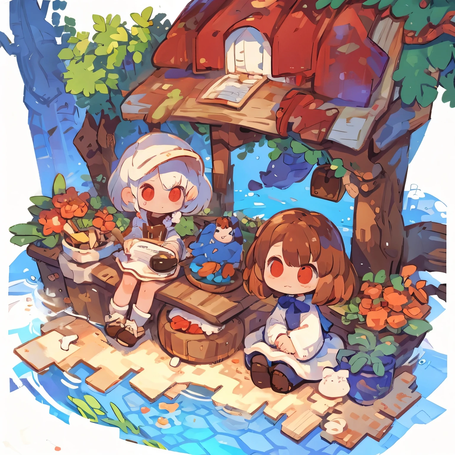 #Quality(8k,best quality,masterpiece),two girls,#girl(Chibi,cute,kawaii, white long hair, rabbit ear , white dress ,red big eyes ,skin color white,sitting down),#girl(Chibi,cute,kawaii,white short hair,cat ear, white dress,red big eyes, skin color brown,hairbow, sitting down),#background (house,water,)