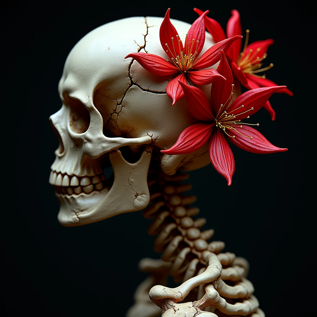 a close up of a skeleton with a skull on it's head, album cover style, celestial red flowers vibe, dnd magazine cover, back view. nuri iyem, gif, old magazine cover without text, 💣 💥, modern day, digital screenshot, full body picture, zach hill, seventeen-dimensional, listing image, dial, magazine cover, a poster