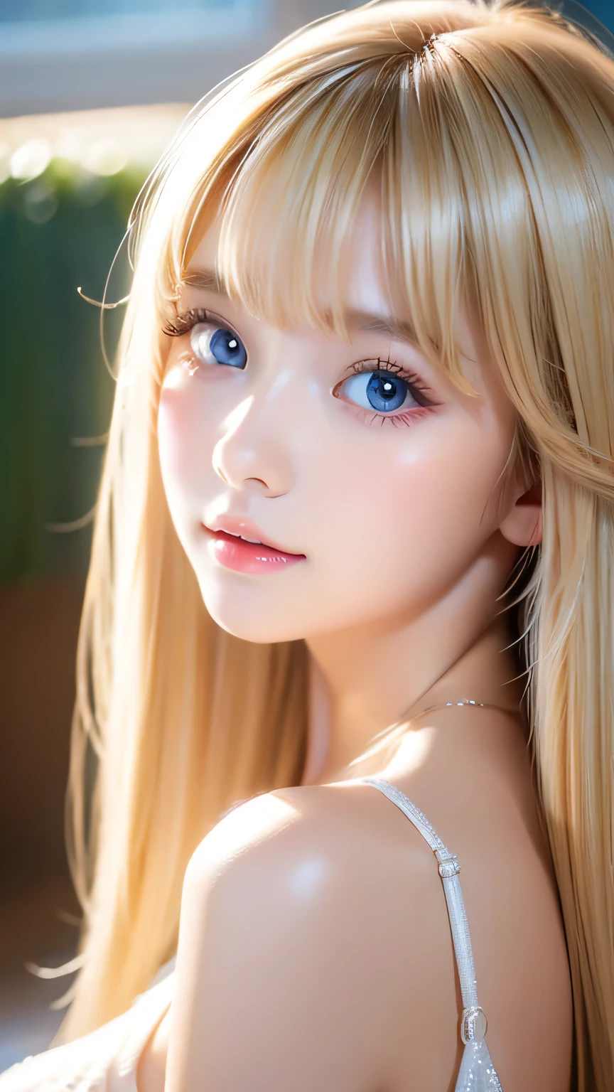 Incredibly bright, white, glossy, beautiful skin、Blonde hair color that changes with reflected light、Bangs between the eyes blocking the view、Glossy highlight on cheeks、sexy, very beautiful, lovely, cute, gorgeous face、The most beautiful face in the world、15-year-old beautiful girl、Super long blonde hair、smooth, straight hair、Big Breasts, Large, bright, azure eyes that sparkle、Beautiful bangs、Small Face Beauty、beautiful round face、Very beautiful appearance、Very pure white girl