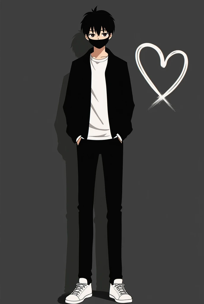 A boy tall boy wearing a black jacket with a white tshirt inside the jacket, a black trouser, white shoes with a black mask on mouth . He is an anime boy. The background is blackish grey with a heart only having boundary. The colour of boundary is white . The image contains only a half heart on right side boy is standing between the heart and the mask is on the mouth not on eyes the background is dark