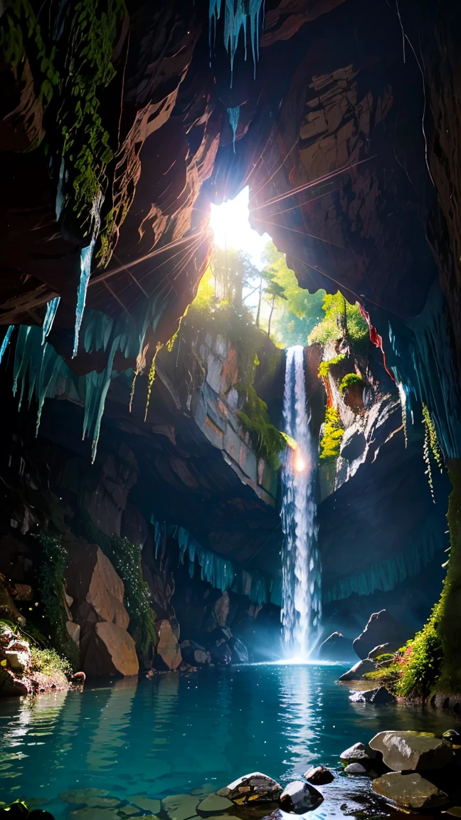  (8k, RAW Photos, 最high quality, masterpiece:1.2), High-quality RAW color photos, Professional photo shoot, Scenery of a small waterfall in a cave, water flowing, Quiet Flow, Amazing illumination, Mysterious cave scenery, dim, Rocks and shining stalactites, Water reflection, Lens flare, high quality, photo shoot.