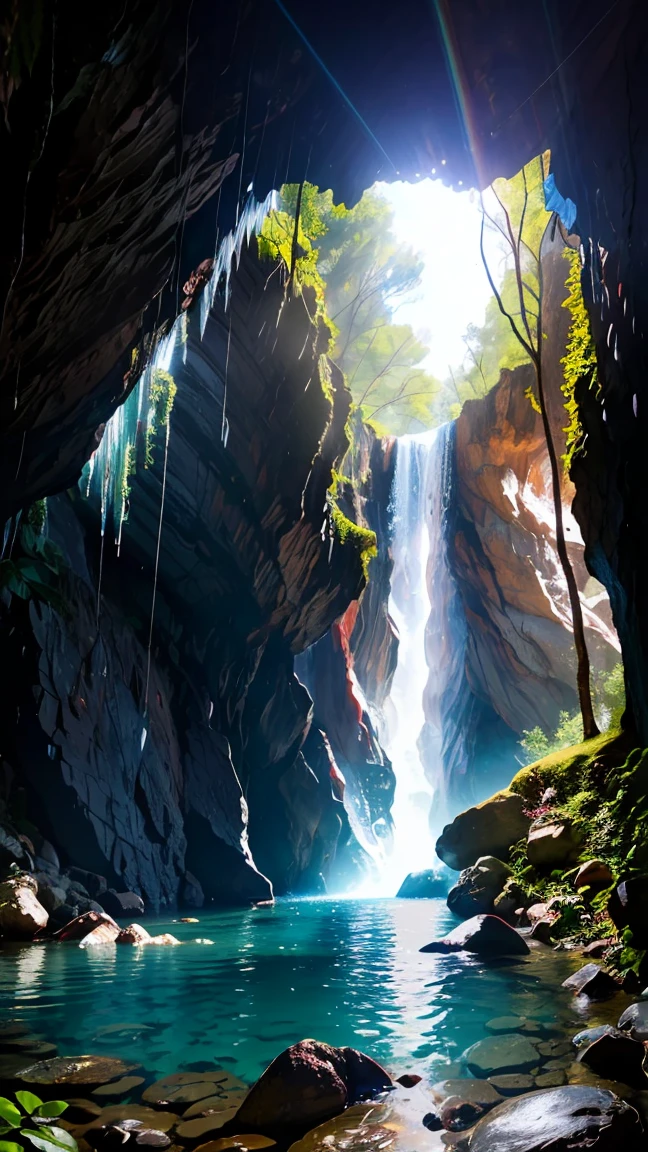 (8k, RAW Photos, 最high quality, masterpiece:1.2), High-quality RAW color photos, Professional photo shoot, Scenery of a small waterfall in a cave, water flowing, Quiet Flow, Amazing illumination, Mysterious cave scenery, dim, Rocks and shining stalactites, Water reflection, Lens flare, high quality, photo shoot.