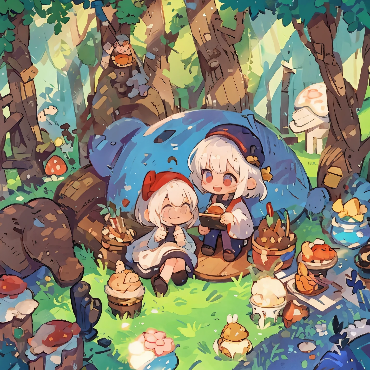 #Quality(8k,best quality,masterpiece,cinematic),solo,#1 girl(Chibi,cute,kawaii, white hair,short hair,cat ear , white dress ,red big eyes,smile ,skin color white,sitting down),#background(big mushroom,big fungi,mushroom have a door and window,mushroom house,forest,dappled sunlight)