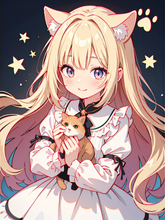 Highest quality、Ultra-high resolution、Highly detailed face、Eye highlights、A girl , still with a touch of childishness、Long wavy blonde hair、White Dress、⦅The girl is holding a cat⦆、smile、Innocent expression、(cat paw pattern background)