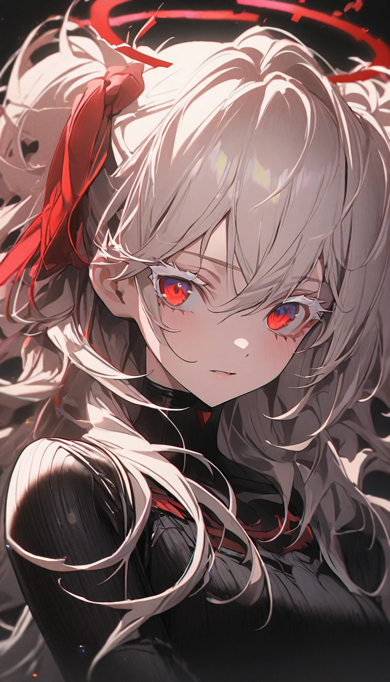 1girl, white hair, wild hair, red eyes, (white eyelashes:1.2), emotionless, red glow halo, (chromatic aberration:1.2), solo, digital dissolve, black bodysuit, 20 years old, mature, arrogant expression, black background