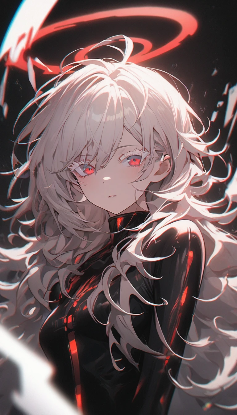 1girl, white hair, wild hair, red eyes, (white eyelashes:1.2), emotionless, red glow halo, (chromatic aberration:1.2), solo, digital dissolve, black bodysuit, 20 years old, mature, arrogant expression, black background