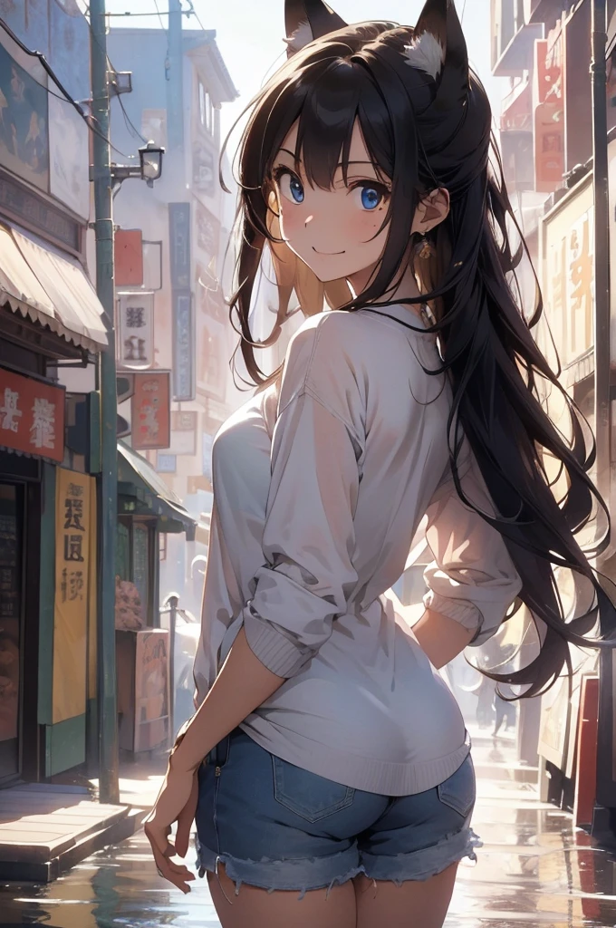 masterpiece, best quality, ultra detailed, insanely detailed, hyper detailed, woman, smiling, walking, looking at viewer, brown eyes, jitome, detailed face, light brown skin, tall, slender, sweater, shorts, ager, japanese, outside, on the street, with shooting stars, in the evening, with rain, cel anime, sharpen, blue, ahoge, semi long, blue eyes, green background, medium shot, intense wide shot, glad, with fox ears, mole, blond