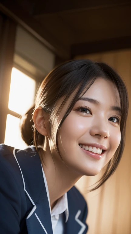 (highest quality,masterpiece:1.3,ultra high resolution),(Super detailed,caustics,8k),(realistic:1.4,RAW shooting),1 girl,(smile and look down at the camera),(front shot:1.1),(look forward),18-year-old,cute,Japanese,Black short ponytail,school uniform,glamorous,(big ),( close),street,sunlight,Natural light,Sunlight,professional writing,(cowboy shot),(low position:1.3),(Low - Angle:1.3)